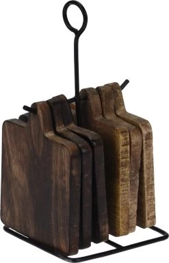 ONDERZETTER HOUT 6 STUKS +HOUDER ZW